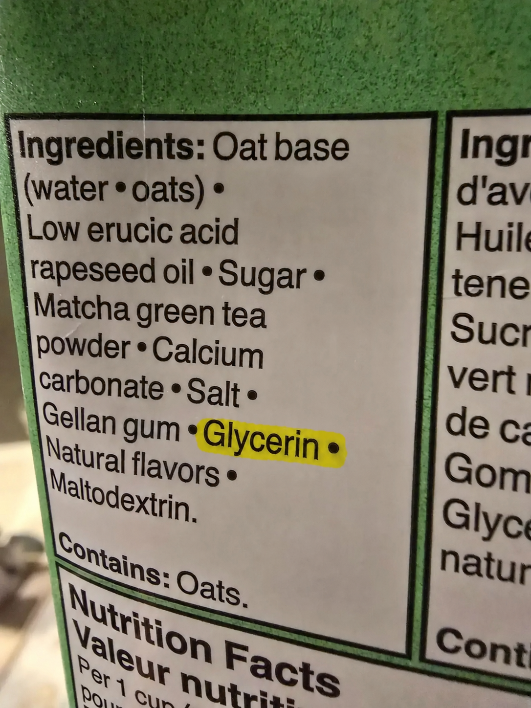 Close-up of a packaged product ingredient label with glycerin highlighted